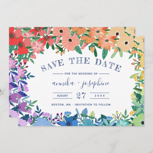 Rainbow Flowers LGBT Weddenschap Save the Date (Voorkant / Achterkant)