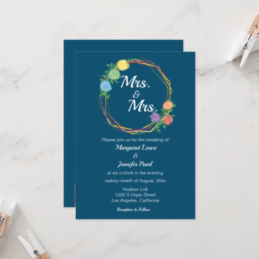 Rainbow Flowers Mrs lesbian bruiloft-uitnodiging Kaart (Voorkant / Achterkant in situ)