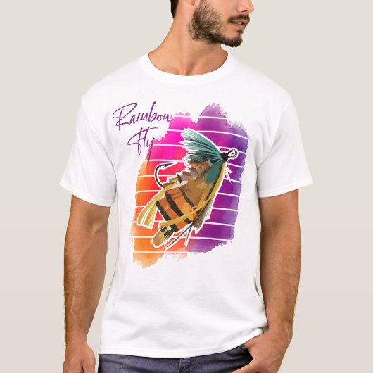 Rainbow Fly Fishing Lure Retro Sunset T-shirt (Voorkant)