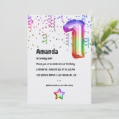 Rainbow Folie Balloon 1e Verjaardagsuitnodiging Kaart (Staand voorkant)