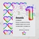 Rainbow Folie Balloon 1e Verjaardagsuitnodiging Kaart (Voorkant / Achterkant)