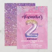 Rainbow Folie Balloon Meisje 2e Verjaardagsuitnodi Kaart (Voorkant / Achterkant)