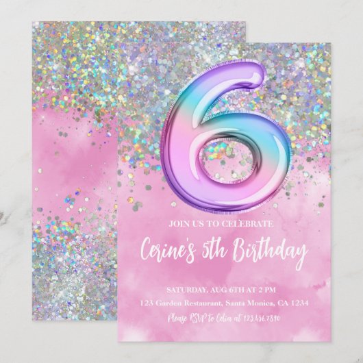 Rainbow Folie Girl 6e verjaardag Kaart (Voorkant / Achterkant)