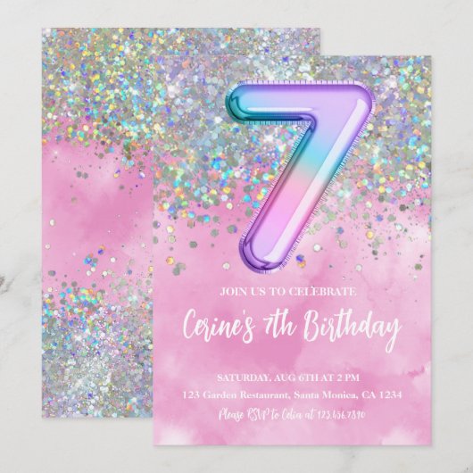 Rainbow Folie Girl 7e verjaardag Kaart (Voorkant / Achterkant)