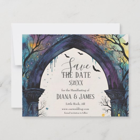 Rainbow Forest Castle Arch Pagan Handfasten Save The Date (Voorkant)