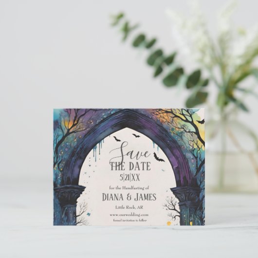Rainbow Forest Castle Arch Pagan Handfasten Save The Date (Staand voorkant)