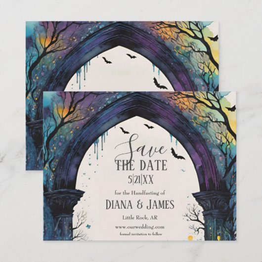 Rainbow Forest Castle Arch Pagan Handfasten Save The Date (Voorkant / Achterkant)