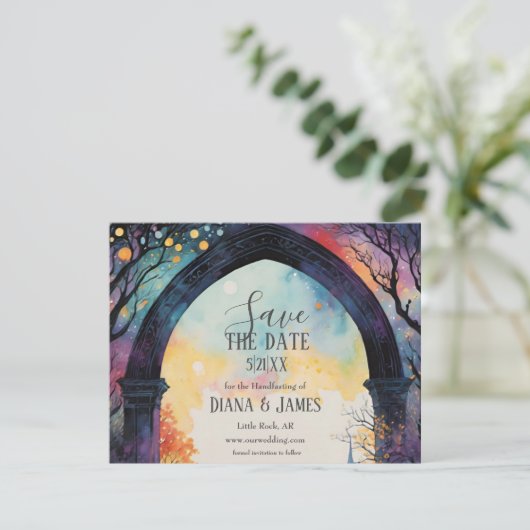 Rainbow Forest Castle Arch Pagan Handfasten Save The Date (Staand voorkant)