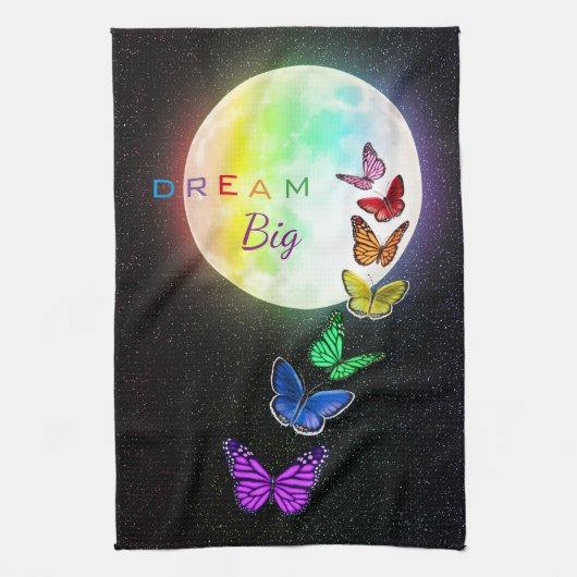 Rainbow Full Moon & Rainbow Butterflies Dream Big Theedoek (Verticaal)