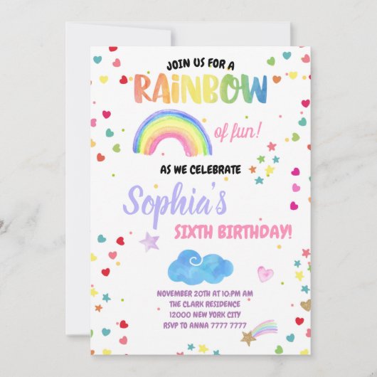 Rainbow Fun Girl Birthday Party Pastel Confetti Kaart (Voorkant)