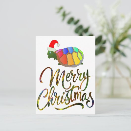 Rainbow Funny Turtle Wearing Santa Hat Xmas-cadeau Feestdagenkaart (Staand voorkant)