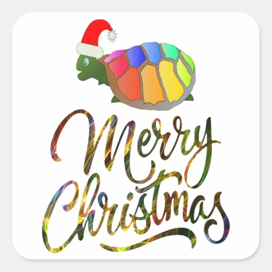 Rainbow Funny Turtle Wearing Santa Hat Xmas-cadeau Vierkante Sticker (Voorkant)