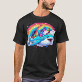 Rainbow Galaxy Cat Riding Shark in Space funny Cat T-shirt (Voorkant)