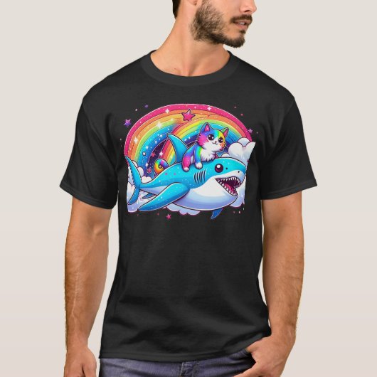 Rainbow Galaxy Cat Riding Shark in Space funny Cat T-shirt (Voorkant)