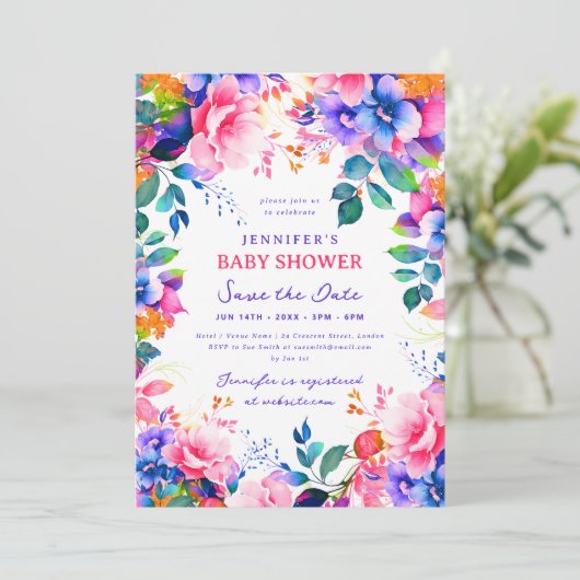 Rainbow Garden Floral Baby shower Opslaan Datum Kaart (Staand voorkant)