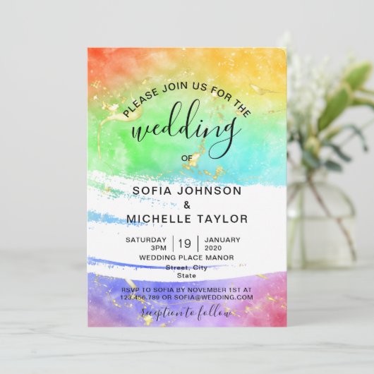 Rainbow Gay en Lesbian Pride Mrs. & Mrs. Uitnodigi Kaart (Staand voorkant)