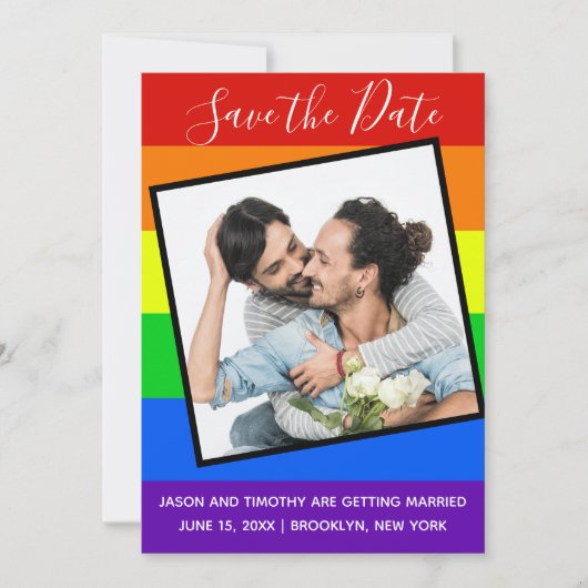 Rainbow Gay Pride Couple Photo Bold Custom Save The Date (Voorkant)