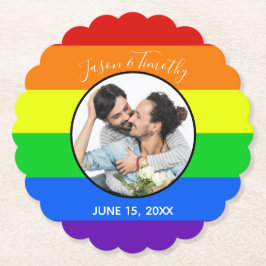 Rainbow Gay Pride Custom Couple Photo Bold Weddens Kartonnen Onderzetters