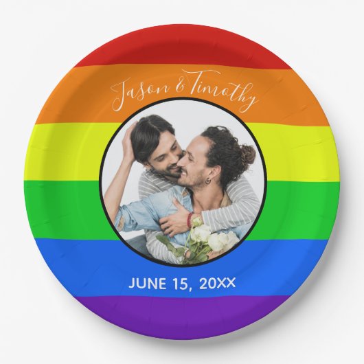 Rainbow Gay Pride Custom Couple Photo Bold Weddens Papieren Bordje (Voorkant)