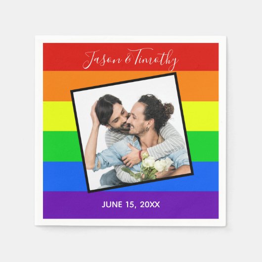 Rainbow Gay Pride Custom Couple Photo Bold Weddens Servet (Voorkant)