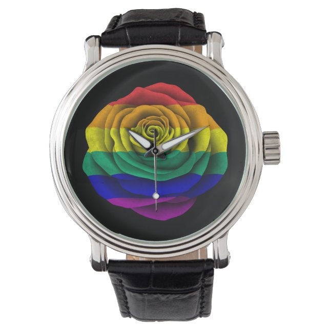 Rainbow Gay Pride Roos Flag op Black Horloge (Voorkant)