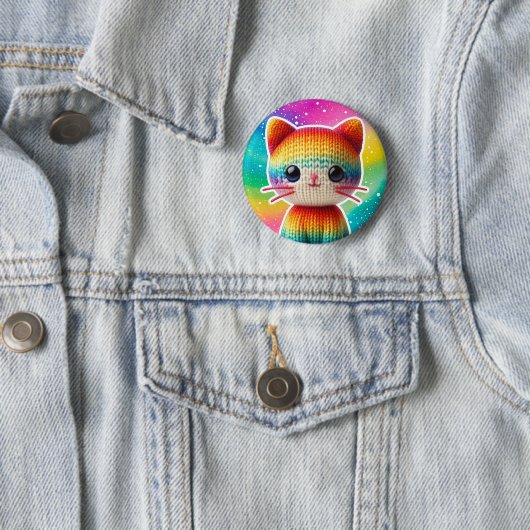Rainbow Gebreide Schattigee Kat Button Pin (In situ)