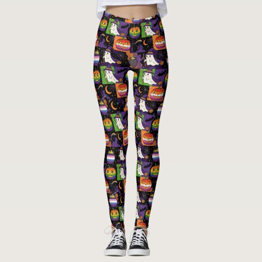 Rainbow Ghost and Pumpkin Pride Halloween Leggings (Voorkant)
