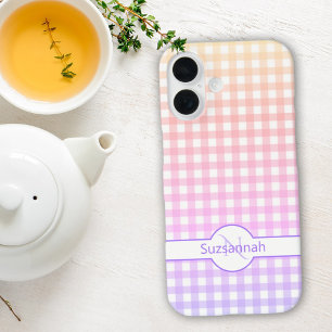 Rainbow Gingham Check Monogramed Custom iPhone 16 Hoesje
