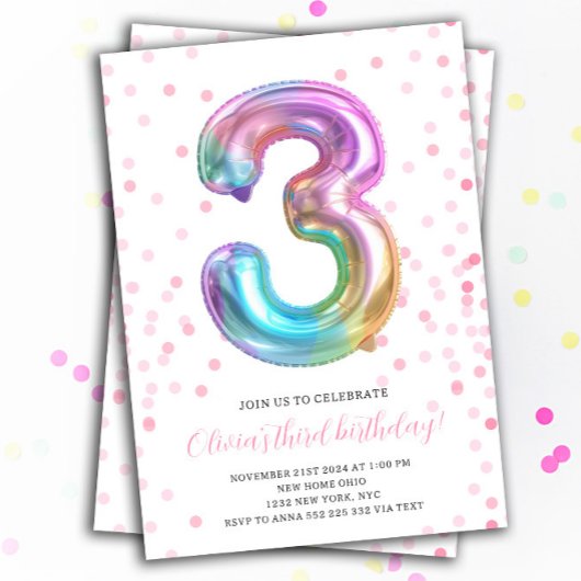 Rainbow Girl 3rd Birthday Party Ballonnummer Kaart