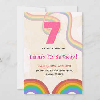 Rainbow Girl 7th Birthday Invitation Kaart