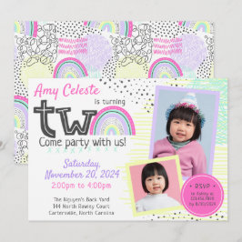 Rainbow Girl's 2e verjaardag Kawaii Doodles 2-foto Kaart