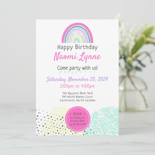 Rainbow Girl's 90's Verjaardag Kawaii Doodles Foto Kaart (Staand voorkant)