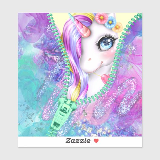 Rainbow Glam White Unicorn Peek-A-Boo Zipper Sticker (Vel)