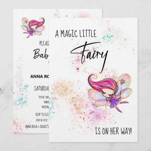 ** Rainbow Glitter Baby Fairy Shower Invitation Kaart (Voorkant / Achterkant)