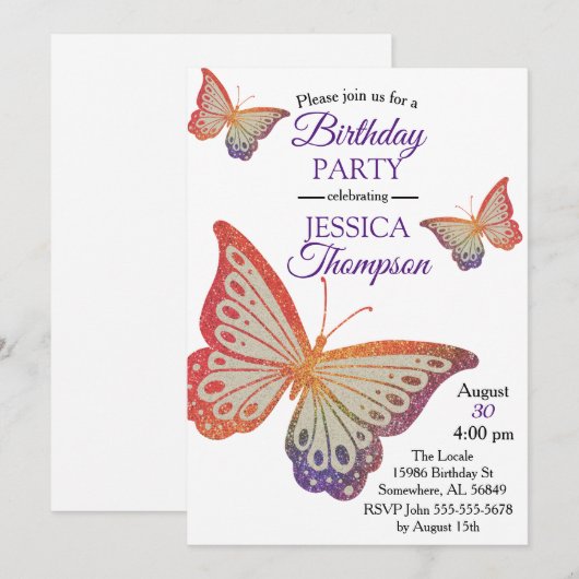 Rainbow Glitter Butterfly Birthday Kaart (Voorkant / Achterkant)