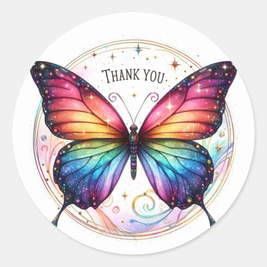 Rainbow Glitter Butterfly - Dank u - Ronde Sticker (Voorkant)