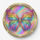 Rainbow Glitter Butterfly Party Paper Plates Papieren Bordje (Voorkant)