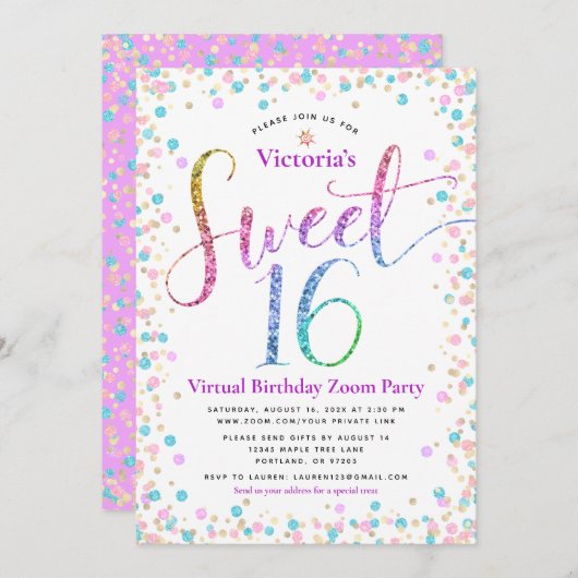 Rainbow Glitter Confetti Virtual Sweet 16 Birthday Kaart (Voorkant / Achterkant)