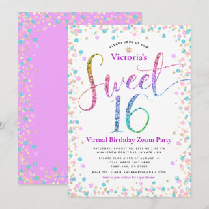 Rainbow Glitter Confetti Virtual Sweet 16 Birthday Kaart