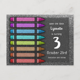 Rainbow Glitter Crayon Cute Save the Date Birthday Aankondigingskaart
