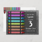 Rainbow Glitter Crayon Cute Save the Date Birthday Aankondigingskaart (Voorkant / Achterkant)