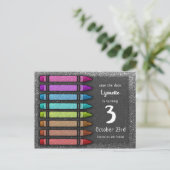 Rainbow Glitter Crayon Cute Save the Date Birthday Aankondigingskaart (Staand voorkant)