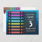 Rainbow Glitter Crayon Cute Save the Date Birthday Aankondigingskaart (Voorkant / Achterkant)