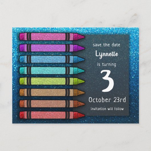 Rainbow Glitter Crayon Cute Save the Date Birthday Aankondigingskaart (Voorkant)