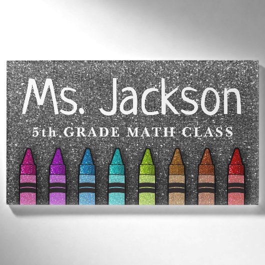 Rainbow Glitter Crayons Kunstleraar terug naar sch Naambadge (Voorkant)
