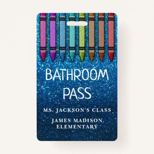 Rainbow Glitter Crayons Teacher Bathroom Hall Pass Badge (Voorkant)