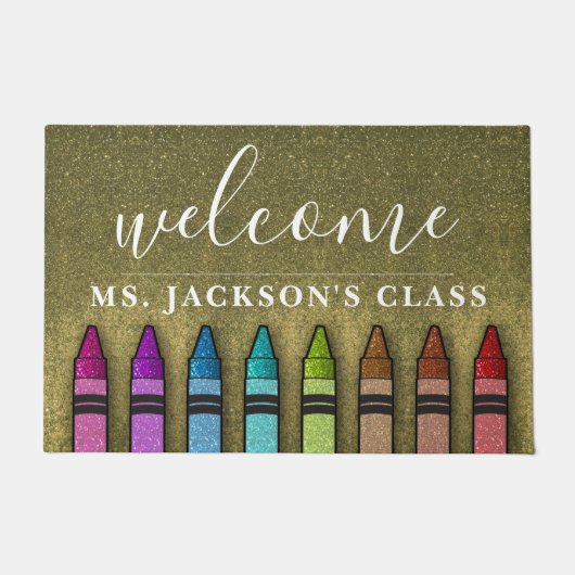 Rainbow Glitter Crayons Teacher Classroom School Deurmat (Voorkant)