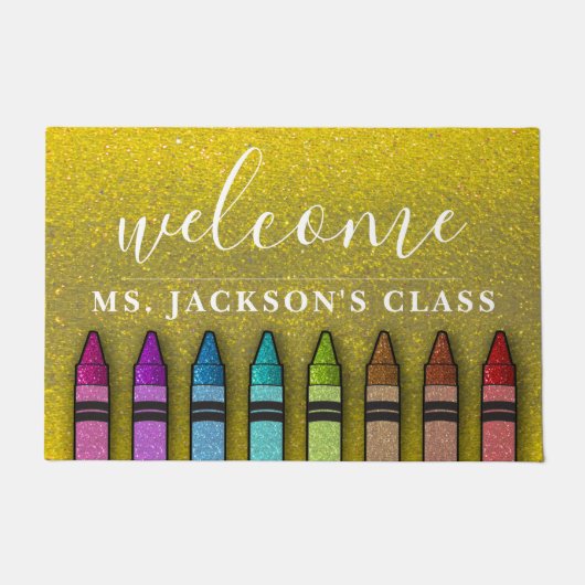 Rainbow Glitter Crayons Teacher Classroom School Deurmat (Voorkant)