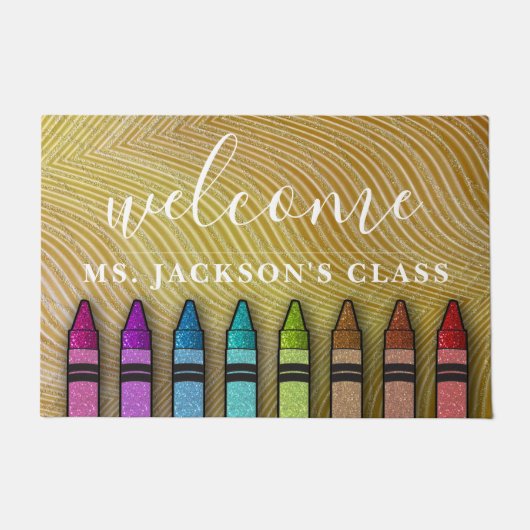 Rainbow Glitter Crayons Teacher Classroom School Deurmat (Voorkant)