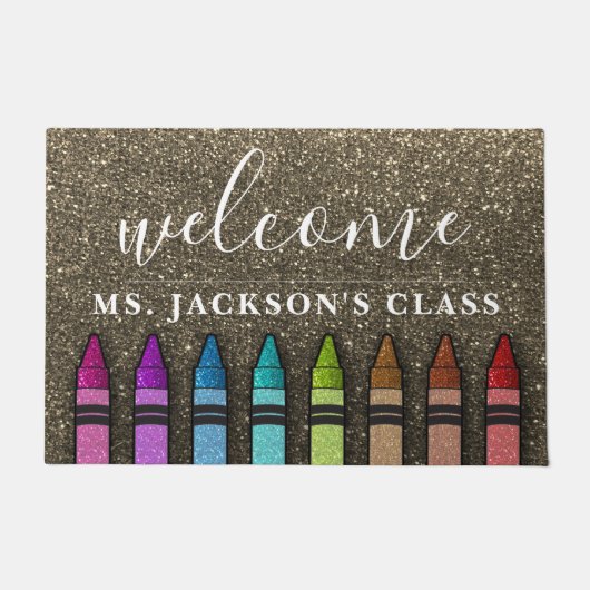 Rainbow Glitter Crayons Teacher Classroom School Deurmat (Voorkant)